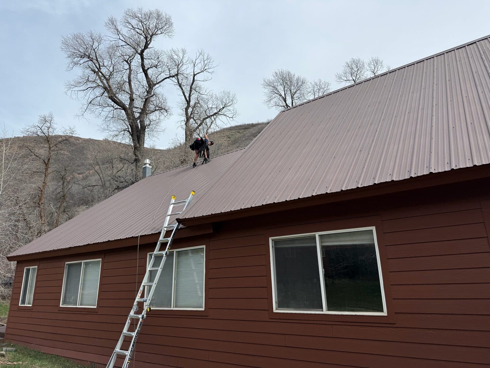 Brown metal roof with an aluminum ladder and two people working along the ridge